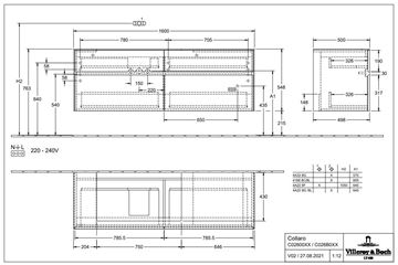 VILLEROY & BOCH COLLARO skříňka pod umyvadlo 160x50x54,8 cm, 4 zásuvky, Glossy Grey C02600FP Technický nákres