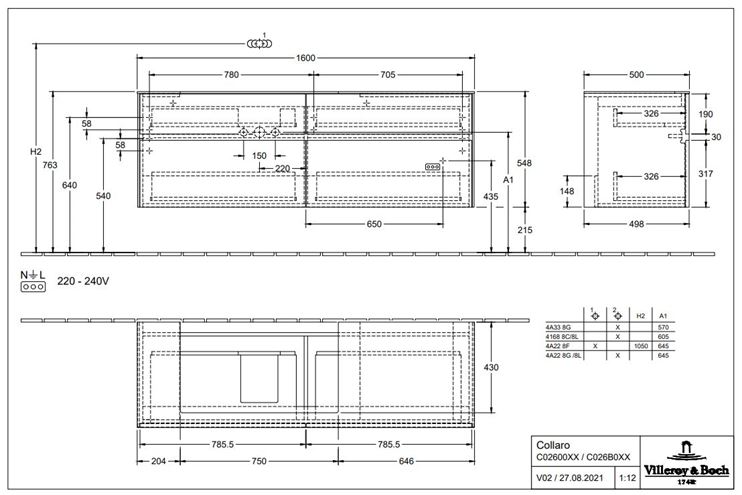 VILLEROY & BOCH COLLARO skříňka pod umyvadlo 160x50x54,8 cm, 4 zásuvky, Glossy Grey C02600FP Technický nákres