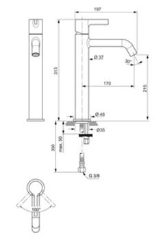 IDEAL STANDARD JOY umyvadlová stojánková baterie, magnetově šedá BC782A5 Technický nákres