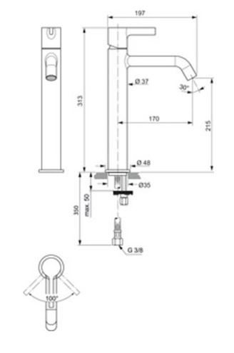 IDEAL STANDARD JOY umyvadlová stojánková baterie, magnetově šedá BC782A5 Technický nákres