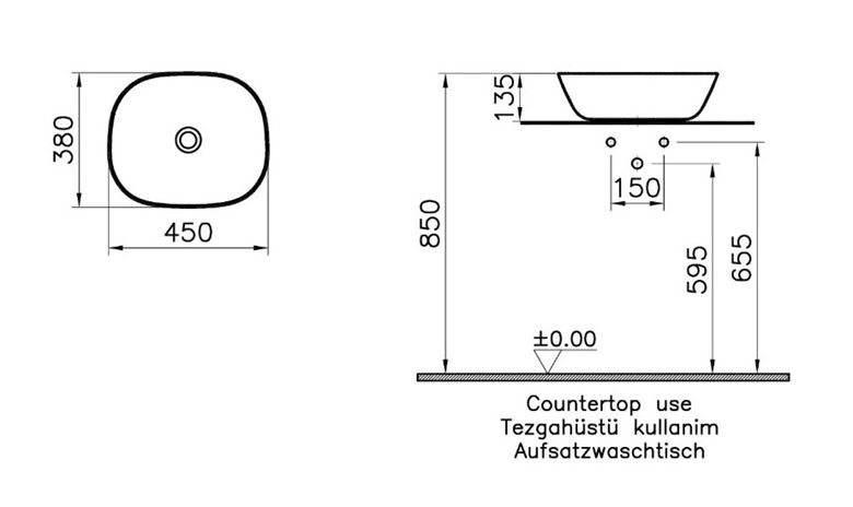 VITRA PLURAL umyvadlová mísa 45 cm, bez přepadu, VitrAhygiene, matná černá 7810B483-0016 Technický nákres