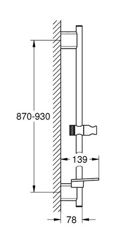 GROHE RAINSHOWER SMARTACTIVE sprchová tyč 930 mm s držákem ruční sprchy, polička, kartáčovaný warm sunset 26603DL0 Technický nákres