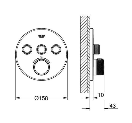GROHE GROHTHERM SMARTCONTROL podomítková termostatická baterie, pro 3 spotřebiče, Water Saving, phantom black 29508KF0 Technický nákres