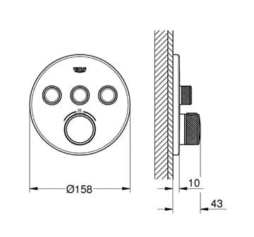GROHE GROHTHERM SMARTCONTROL podomítková termostatická baterie, pro 3 spotřebiče, Water Saving, phantom black 29508KF0 Technický nákres
