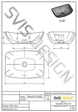 SVIS DESIGN VIRGO BASIC umyvadlová mísa 50 cm, bez přepadu, beton, modrá/okrová UBX080005000003022 Technický nákres