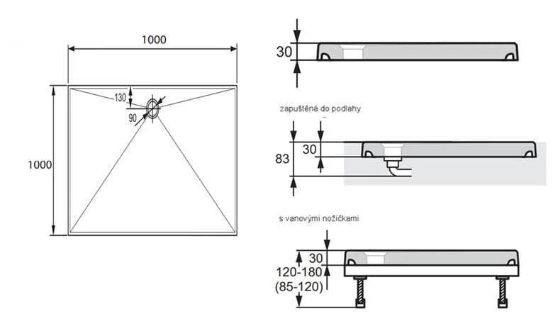 HÜPPE EASY STEP sprchová vanička 100x100 cm, litý mramor, bez nožiček 215032.055 Technický nákres
