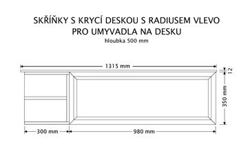 INTEDOOR CHICAGO skříňka pod umyvadlo 131,5x50x36,2 cm, 1 zásuvka, 2 police, černá/světle hnědá PTCHIC21301ZRADL231 Technický nákres