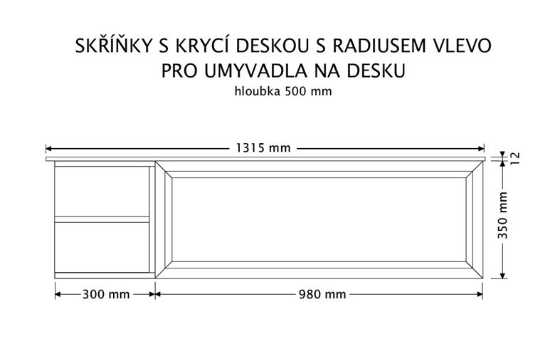INTEDOOR CHICAGO skříňka pod umyvadlo 131,5x50x36,2 cm, 1 zásuvka, 2 police, černá/světle hnědá PTCHIC21301ZRADL231 Technický nákres