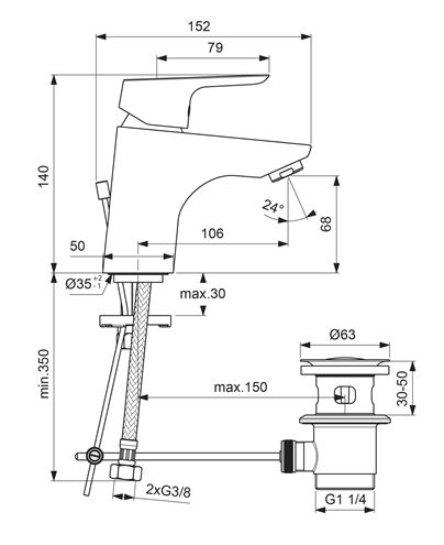 CONCEPT 100 umyvadlová stojánková baterie, s odtokovou soupravou, chrom BC514AA Technický nákres
