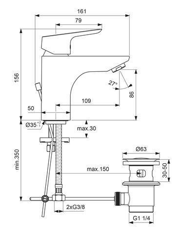 CONCEPT 100 umyvadlová stojánková baterie, s odtokovou soupravou, chrom BC517AA Technický nákres