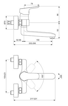 CONCEPT 100 umyvadlová nástěnná baterie, chrom BC519AA Technický nákres