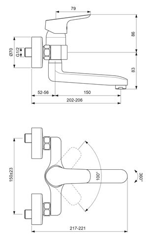 CONCEPT 100 umyvadlová nástěnná baterie, chrom BC519AA Technický nákres