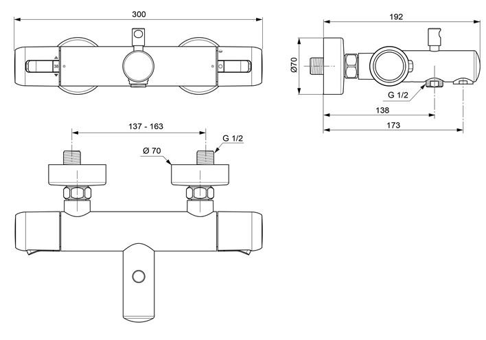 CONCEPT 100 vanová nástěnná termostatická baterie, s přepínačem, chrom A7283AA Technický nákres