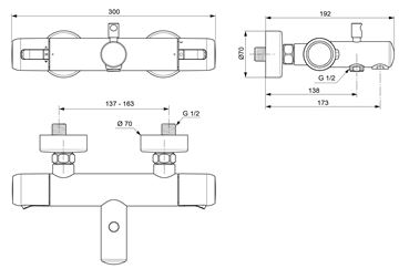 CONCEPT 100 vanová nástěnná termostatická baterie, s přepínačem, chrom A7283AA Technický nákres