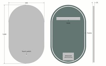EASY PLUS LED zrcadlo 60x100 cm, s osvětlením, s regulací stmívání a teploty světla, se senzorem EA-OV01-60100 Technický nákres