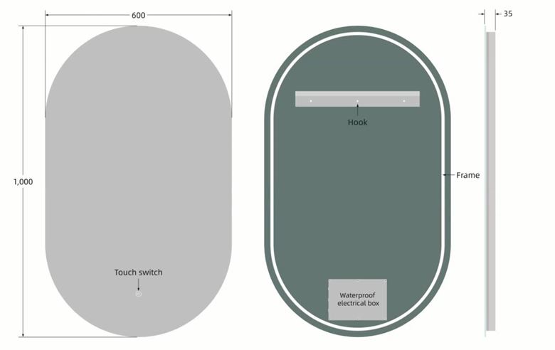 EASY PLUS LED zrcadlo 60x120 cm, s osvětlením, s regulací stmívání a teploty světla, se senzorem EA-OV01-60120 Technický nákres