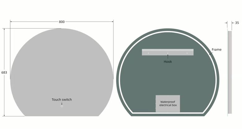 EASY PLUS LED zrcadlo 80x68,3 cm, s osvětlením, s regulací stmívání a teploty světla, se senzorem EA-R01-8068 Technický nákres