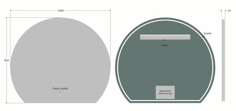 EASY PLUS LED zrcadlo 100x85,4 cm, s osvětlením, s regulací stmívání a teploty světla, se senzorem EA-R01-10085 Technický nákres