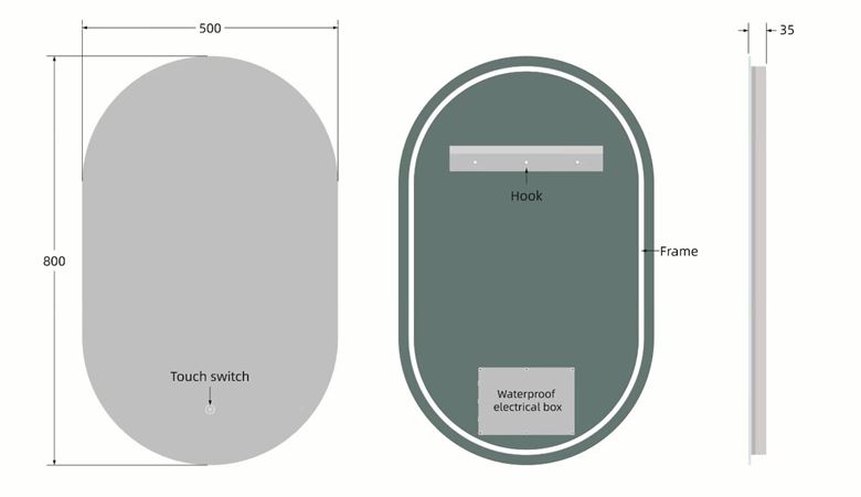 EASY PLUS LED zrcadlo 50x80 cm, s osvětlením, s regulací stmívání a teploty světla, se senzorem EA-OV01-5080 Technický nákres