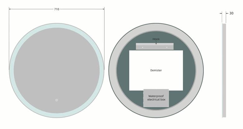 EASY PLUS LED zrcadlo 71 cm, s osvětlením, s regulací stmívání, se senzorem a vyhříváním EA-R02-7171 Technický nákres