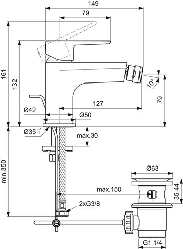 IDEAL STANDARD CERAFINE O bidetová stojánková baterie, s odtokovou soupravou, hedvábná černá BC705XG Technický nákres