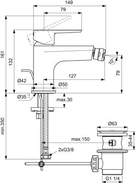 IDEAL STANDARD CERAFINE O bidetová stojánková baterie, s odtokovou soupravou, hedvábná černá BC705XG Technický nákres