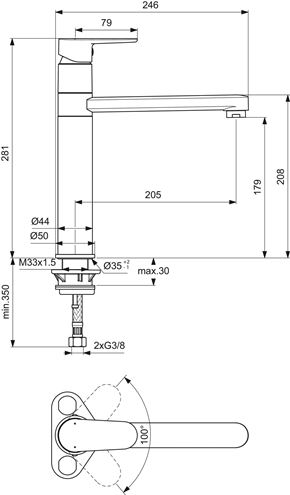 IDEAL STANDARD CERAFINE O dřezová baterie, hedvábná černá BC501XG Technický nákres
