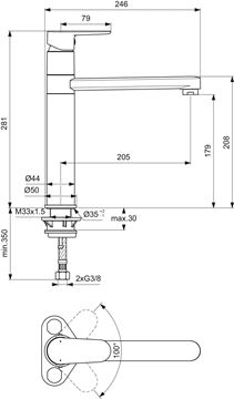 IDEAL STANDARD CERAFINE O dřezová baterie, hedvábná černá BC501XG Technický nákres