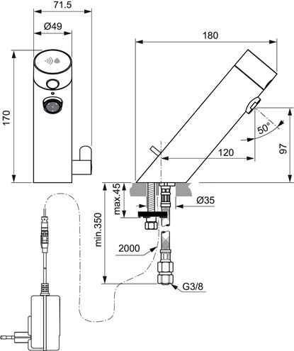 IDEAL STANDARD SENSORFLOW umyvadlová senzorová baterie s regulací teploty, napájení ze sítě, chrom A7558AA Technický nákres