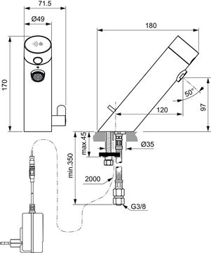 IDEAL STANDARD SENSORFLOW umyvadlová senzorová baterie s regulací teploty, napájení ze sítě, chrom A7558AA Technický nákres