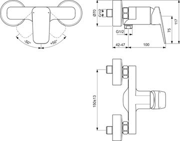 IDEAL STANDARD CERAPLAN sprchová nástěnná baterie, chrom BD250AA Technický nákres