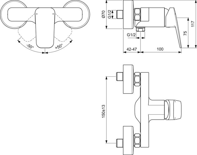 IDEAL STANDARD CERAPLAN sprchová nástěnná baterie, chrom BD250AA Technický nákres