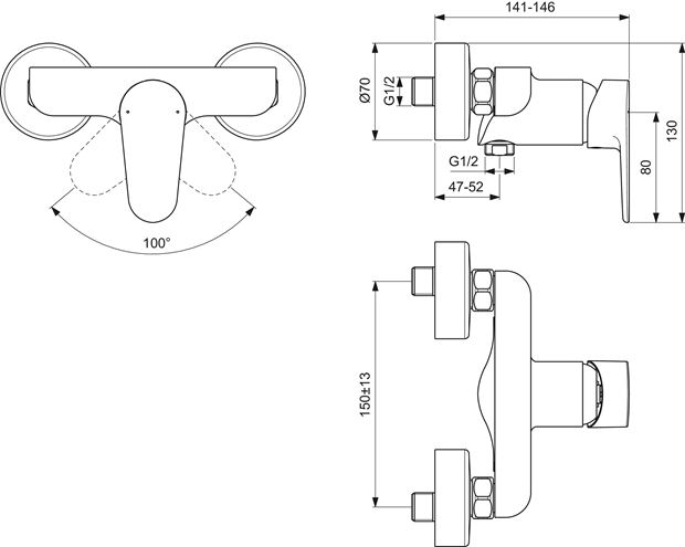 IDEAL STANDARD CERAFINE O sprchová nástěnná baterie, hedvábná černá BC499XG Technický nákres