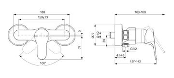 IDEAL STANDARD CERABASE sprchová nástěnná baterie, chrom BC842AA Technický nákres