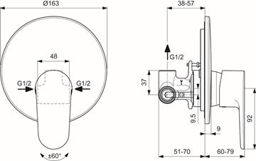 IDEAL STANDARD CERAFINE O sprchová podomíková baterie, s tělesem, hedvábná černá A7192XG Technický nákres