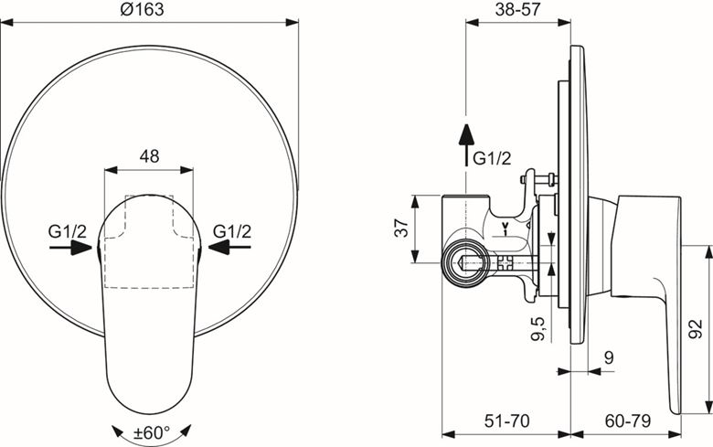 IDEAL STANDARD CERAFINE O sprchová podomíková baterie, s tělesem, hedvábná černá A7192XG Technický nákres