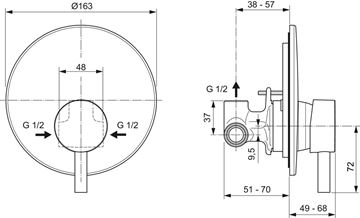 IDEAL STANDARD CERAFINE O sprchová podomíková baterie, s tělesem, hedvábná černá A6940XG Technický nákres