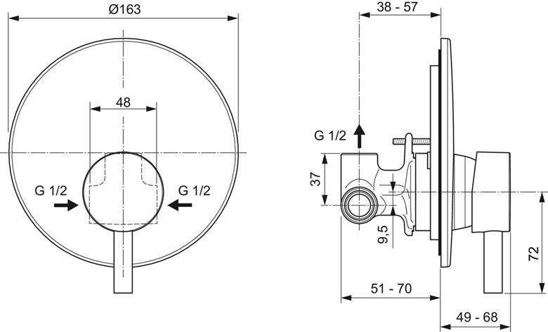 IDEAL STANDARD CERAFINE O sprchová podomíková baterie, s tělesem, hedvábná černá A6940XG Technický nákres