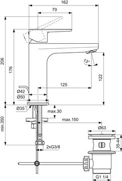 IDEAL STANDARD CERAFINE O umyvadlová stojánková baterie, s odtokovou soupravou, chrom BC699AA Technický nákres