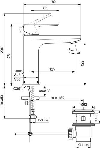 IDEAL STANDARD CERAFINE O umyvadlová stojánková baterie, s odtokovou soupravou, chrom BC699AA Technický nákres