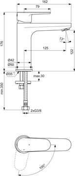 IDEAL STANDARD CERAFINE O umyvadlová stojánková baterie, chrom BC700AA Technický nákres