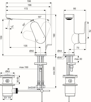 IDEAL STANDARD CERAFINE O umyvadlová stojánková baterie, s odtokovou soupravou, chrom BC703AA Technický nákres