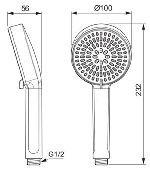 IDEAL STANDARD ALU+ ruční sprcha pr. 100 mm, 2 proudy, matná černá BD580XG Technický nákres