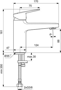 IDEAL STANDARD CERAPLAN umyvadlová stojánková baterie, chrom BD222AA Technický nákres