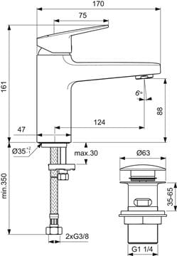 IDEAL STANDARD CERAPLAN umyvadlová stojánková baterie, s odtokovou soupravou, chrom BD229AA Technický nákres