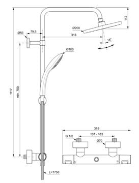 IDEAL STANDARD CERATHERM sprchový set s termostatickou baterií, horní sprcha, ruční sprcha, tyč, hadice, matná černá A7545XG Technický nákres