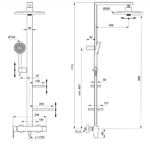 IDEAL STANDARD CERAFLOW ALU+ sprchový set s baterií, horní sprcha, ruční sprcha se 2 proudy, tyč, hadice, matná černá BD584XG Technický nákres