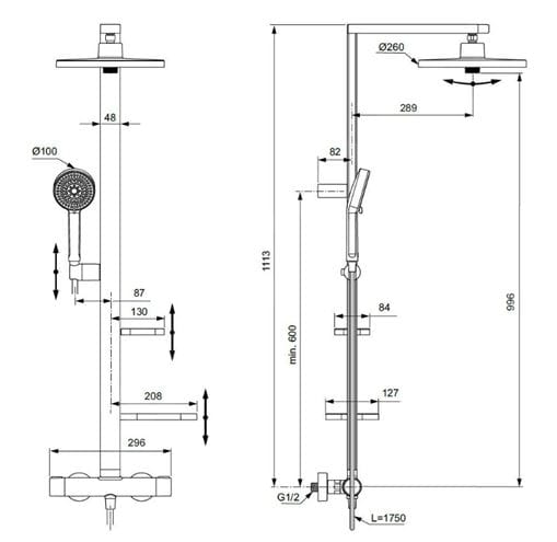 IDEAL STANDARD CERATHERM ALU+ sprchový set s termostatickou baterií, horní sprcha, ruční sprcha se 2 proudy, tyč, hadice, matná černá BD583XG Technický nákres