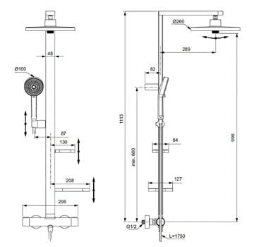 IDEAL STANDARD CERATHERM ALU+ sprchový set s termostatickou baterií, horní sprcha, ruční sprcha se 2 proudy, tyč, hadice, matná černá BD583XG Technický nákres