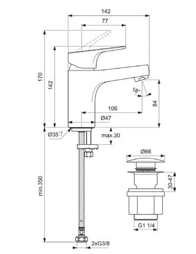 IDEAL STANDARD CERABASE umyvadlová stojánková baterie, s odtokovou soupravou, chrom BD077AA Technický nákres